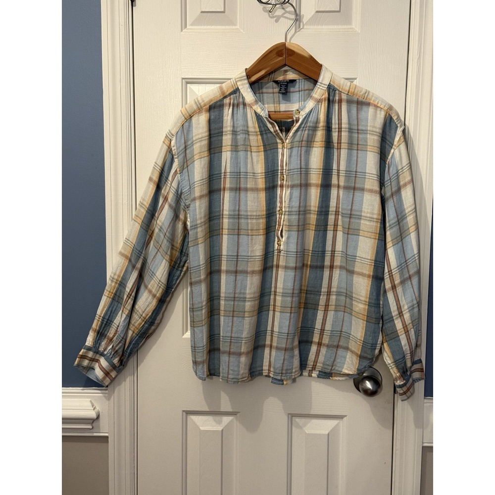 Chaps XL Blue Tan Plaid Top Laganlook Boho 100% Cotton Classic Casual Spring